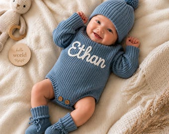 Personalized Baby Knit Romper Set Embroidered Name Newborn Outfit Beanie Booties Color Choice
