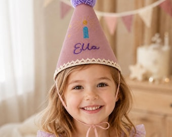 Personalized Fabric Birthday Party Hat With Embroidered Name Pom Pom Lace Trim For Toddlers
