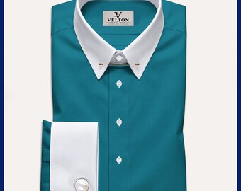 Luxury Teal Dress Shirt with White Pin Collar and French Cuffs, Men's Formal Wear