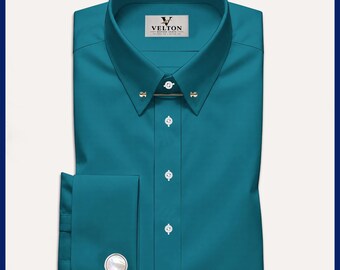 Luxury Teal Pin Collar Men's Dress Shirt | Formal Wear with French Cuffs
