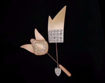 Mid-Century Celluloid Hat Pins: Rhinestone Tulip & Fan Double-Ended Brooch