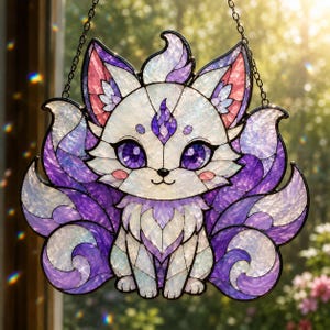 May include: A stained glass suncatcher featuring a multi-tailed fox with iridescent white and purple glass segments. The fox has large purple eyes, pink cheek accents, and a flame-like marking on its forehead, all outlined in black metal.