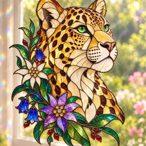 May include: A stained glass suncatcher featuring a leopard head with green eyes, surrounded by white, blue, and purple flowers with green leaves and small red berries. The piece is constructed with dark metal lead lines and hangs by a chain.