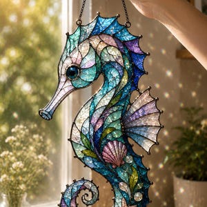 Pode incluir: Um apanhador de sol de vitral em forma de cavalo-marinho com um mosaico de peças de vidro azuis, roxas e verde-azuladas. O design inclui uma pequena concha rosa e uma estrela-do-mar na base, unidas por uma moldura de metal escuro.