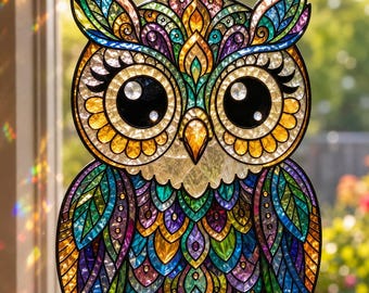 May include: A stained glass suncatcher shaped like an owl, featuring a vibrant mosaic of purple, blue, green, and yellow glass segments outlined in black. The owl has large, round, dark eyes with white highlights and is suspended by a metal chain.