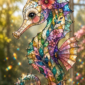 May include: A stained glass seahorse suncatcher featuring a vibrant mosaic of multicolored leaves and flowers. The seahorse has a large eye with long lashes, a curled tail, and a translucent fin, all held together by thin dark metal framing.