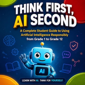 Puede incluir: Una portada de libro titulada THINK FIRST, AI SECOND: A Complete Student Guide to Using Artificial Intelligence Responsibly from Grade 1 to Grade 12. Incluye un robot azul, una bombilla brillante y el texto LEARN WITH AI. THINK FOR YOURSELF.