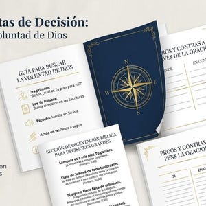 May include: A decision-making guide titled Herramientas de Decisión: Buscando la Voluntad de Dios, featuring white pages with black text, a navy blue cover with a gold compass illustration, and sections for prayer, pros and cons, and biblical reflection.