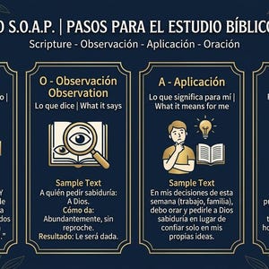 May include: A dark blue infographic titled EL MÉTODO S.O.A.P. | PASOS PARA EL ESTUDIO BÍBLICO PERSONAL. It features four gold-bordered columns labeled S, O, A, and P, each with icons and text explaining the Scripture, Observation, Application, and Prayer method for Bible study, including a sample verse from Santiago 1:5.