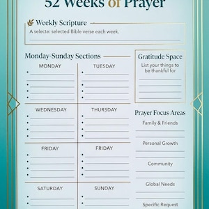 Könnte beinhalten: Eine hellblaue Gebetsplaner-Seite mit dem Titel 52 Weeks of Prayer und einem goldenen geometrischen Rand. Sie enthält Abschnitte für wöchentliche Schriftstellen, tägliche Einträge, einen Dankbarkeitsbereich und Gebetsschwerpunkte.