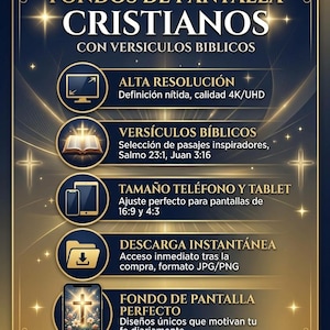 Peut inclure: Un graphique numérique bleu foncé et doré avec le texte FONDOS DE PANTALLA CRISTIANOS CON VERSICULOS BIBLICOS. Il présente des caractéristiques telles que la haute résolution 4K/UHD, des versets bibliques, des formats téléphone et tablette.