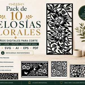 以下が含まれることがあります： カッティングマシン用の10種類の花柄格子デザインを含むデジタルファイルパック。テキストには「Pack de 10 CELOSÍAS FLORALES, DISEÑOS DIGITALES PARA CORTE, PLASMA, LÁSER, ROUTER, CHORRO DE AGUA, DXF, SVG, AI, EPS, PDF, DESCARGA INSTANTÁNEA」と記載されています。