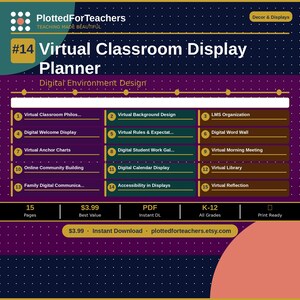 Könnte beinhalten: Ein digitaler Planer für virtuelle Klassenzimmer von PlottedForTeachers mit dunkelblauem Hintergrund und weißen Punkten. Die Grafik listet 15 nummerierte Abschnitte auf, darunter virtuelles Hintergrunddesign, LMS-Organisation und digitale Wortwand.