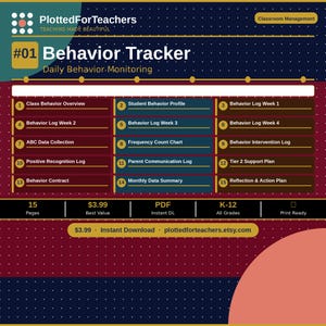 May include: A digital behavior tracker document titled #01 Behavior Tracker Daily Behavior Monitoring by PlottedForTeachers. It features fifteen numbered sections including Class Behavior Overview, Student Behavior Profile, and various logs.