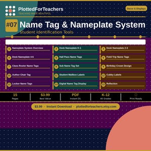 Peut inclure: Un document numérique intitulé Name Tag & Nameplate System par PlottedForTeachers. Le graphique violet foncé et bleu sarcelle liste quinze éléments, dont des plaques de bureau, des badges de couloir, des couronnes d'anniversaire et des étiquettes.