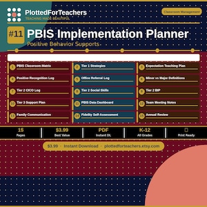 May include: A digital PBIS Implementation Planner document featuring a dark blue and maroon background with white dots. The text includes PlottedForTeachers, #11 PBIS Implementation Planner, and a list of 15 sections ranging from PBIS Classroom Matrix to Annual Review.