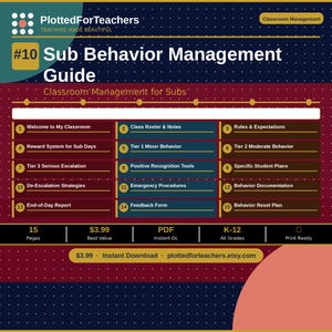 May include: A digital Sub Behavior Management Guide for teachers featuring a dark blue and maroon background with white text. It lists 15 sections including Welcome to My Classroom, Class Roster, Rules, Reward System, and Behavior Documentation.