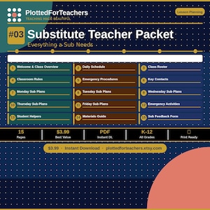 Substitute Teacher Packet Everything a Sub Needs to Succeed Teacher Printable PDF Instant Download PlottedForTeachers