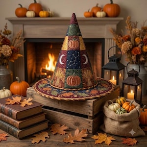 May include: A conical hat featuring a patchwork design of quilted fabric squares in shades of green, blue, red, and gold. The pattern includes embroidered pumpkins, crescent moons, stars, and wheat sheaves, finished with a braided trim edge.