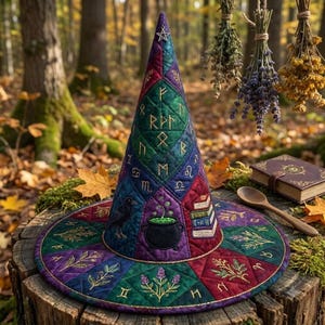 May include: A quilted pointed hat featuring a patchwork design in shades of green, purple, and red. The fabric is embroidered with gold runes, zodiac symbols, a black raven, a bubbling cauldron, and stacks of books, topped with a small silver star.