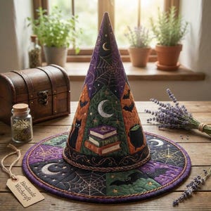 May include: A quilted witch hat featuring a conical crown and wide brim with embroidered motifs including spiderwebs, crescent moons, stars, bats, a black cat, a bubbling cauldron, and a stack of books labeled with the word SPELL in gold thread.