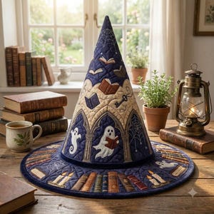 May include: A quilted witch hat in dark blue and cream featuring embroidered ghosts, books, candles, keys, and spiderwebs. The conical hat has a wide brim decorated with a repeating pattern of books and candles, showcasing detailed stitching throughout.