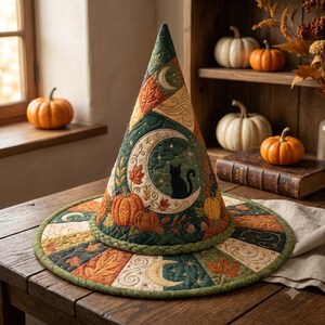 May include: A quilted cone-shaped hat featuring a dark green background with embroidered autumn leaves, crescent moons, stars, and a black cat silhouette. The hat has a wide circular brim with a braided edge and a patchwork design of seasonal motifs.