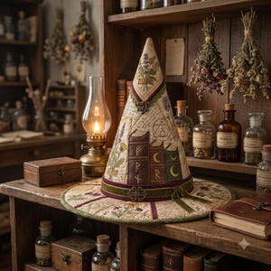 May include: A conical hat featuring a cream-colored fabric base with printed botanical illustrations, handwritten script, and a central graphic of three books. The hat includes a dark green velvet band, a metallic clasp, and quilted stitching.