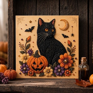 Puede incluir: Un cuadro cuadrado que presenta un gato negro hecho con cuentas con ojos naranjas, una calabaza de Halloween y detalles florales coloridos. El diseño incluye una luna creciente, murciélagos y telarañas sobre un fondo beige claro con abalorios.