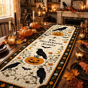 May include: A rectangular quilted table runner featuring a cream-coloured centre with a repeating pattern of black crows, orange jack-o'-lanterns, bats, yellow crescent moons, and autumn leaves. The text reads The Blackthorne family.