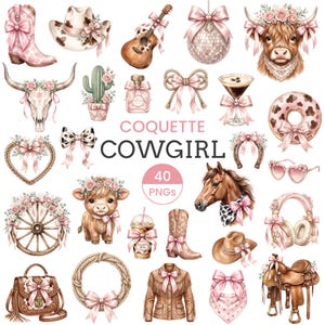 May include: A collection of 40 digital illustrations featuring cowgirl-themed items including pink cowboy boots, hats, a guitar, a disco ball, a highland cow, a skull, a cactus, a perfume bottle, bows, a donut, a horse, and a saddle.