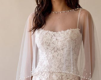 Bruidscape/bruidssjaal, met parels versierde tule omslagdoek, elegante trouwjurkbedekking, bruidsbolero, cadeau voor bruidsmeisjes, romantisch bruidsaccessoire