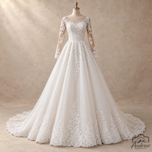 May include: A floor-length white gown featuring long sheer lace sleeves, a sweetheart neckline with a sheer illusion overlay, and a full skirt adorned with intricate floral lace appliques that extend from the bodice down to the scalloped hemline.