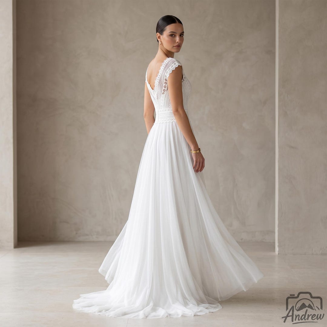 Boho Lace Wedding Dress, Deep V-neck Tulle Bridal Gown, A-line Sweep Boho Lace Wedding Dress, Deep V-neck Tulle Bridal Gown, A-line Sweep