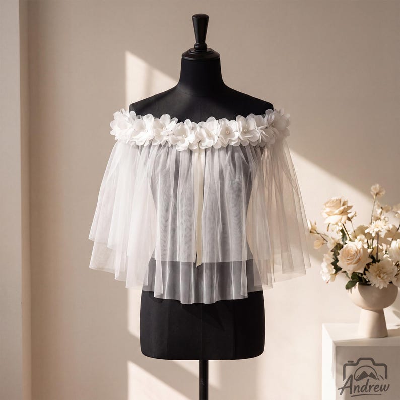 Tulle Ruffle Robe Off Shoulder Bridal Cape, 3D Floral Wedding Shawl, Pearl Flower Tulle ...