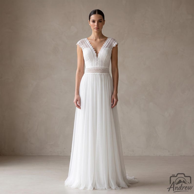 Boho Lace Wedding Dress, Deep V-neck Tulle Bridal Gown, A-line Sweep Boho Lace Wedding Dress, Deep V-neck Tulle Bridal Gown, A-line Sweep