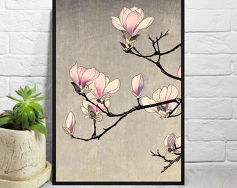 Vintage Japanese Art Poster, Pink Magnolia Ukiyoe Print, Minimalist Zen Flower Wall Decor, Wabi Sabi Japandi Botanical Branch Painting
