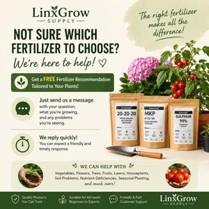 May include: Three brown paper pouches of GreenSoil fertilizer labeled 20-20-20, MKP 0-52-34, and Sulphur 90% sit next to a small metal trowel. The image includes text about LinxGrow Supply fertilizer recommendations, plant care, and customer support.