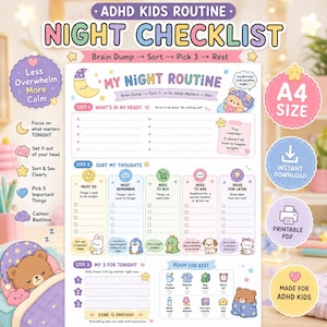 Può includere: Una lista di controllo per la routine notturna dei bambini con ADHD in formato A4 con illustrazioni pastello. Include sezioni per svuotare la mente, organizzare i pensieri in categorie e una sezione finale per tre compiti e la preparazione al riposo.