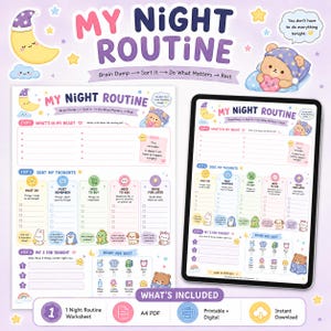 ADHD Kids Night Routine Checklist, Bedtime Visual Schedule, Brain Dump Worksheet, Executive Function Printable, Kids Routine Chart A4 PDF