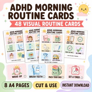 May include: A set of 48 ADHD morning routine cards featuring pastel-colored illustrations of daily tasks like waking up, brushing teeth, and packing a bag. The cards include text labels and checkboxes for tracking progress, presented on 8 A4 pages.