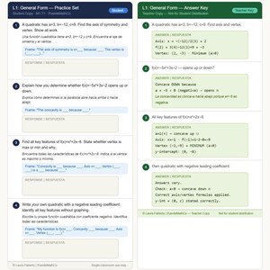 May include: A side-by-side educational document titled L1 General Form Practice Set and Answer Key. The left side is a blue student worksheet with four quadratic math problems. The right side is a green teacher answer key with solutions.