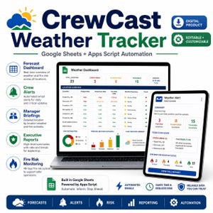 May include: CrewCast Weather Tracker digital product for Google Sheets with Apps Script automation. Features a laptop and tablet displaying a weather dashboard with location overviews, risk distribution charts, fire risk monitoring, and automated email alerts.