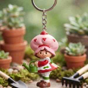 May include: A keychain featuring a small figurine of a character wearing a pink hat with red hearts, a red dress with a white apron, and green and white striped socks. The character holds a small green watering can and wears brown shoes.