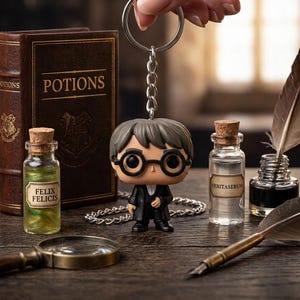 May include: A keyring featuring a stylised figurine of a person with dark hair and round black glasses, wearing a black suit. The keyring is displayed alongside a book titled POTIONS, a bottle labelled FELIX FELICIS, and a bottle labelled VERITASERUM.