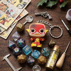 May include: A Flash character keyring with a red and yellow suit, surrounded by various multi-sided polyhedral dice in blue, gold, and iridescent finishes, a metal calliper, two magnifying glasses, a small glass vial with yellow beads, and comic book pages.