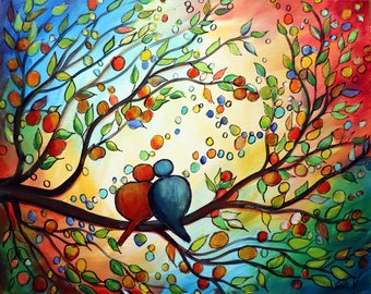 Fall Season, Apple Tree and Birds Original Painting, Whimsical Colorful Wall Art