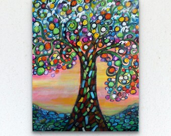 White Birds, LOVE and PEACE, Tree of Life, Happy Colorful Whimsical Painting on Canvas