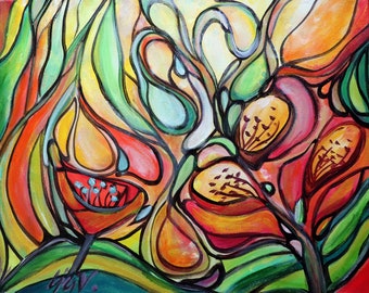 Colorful Summer Flower Original Painting, Abstract Flowers Garden, Exotic Bloom