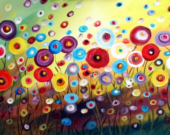 Dancing Poppies Whimsical Colorful Flowers Painting , Original Art , Boho, Whimsy